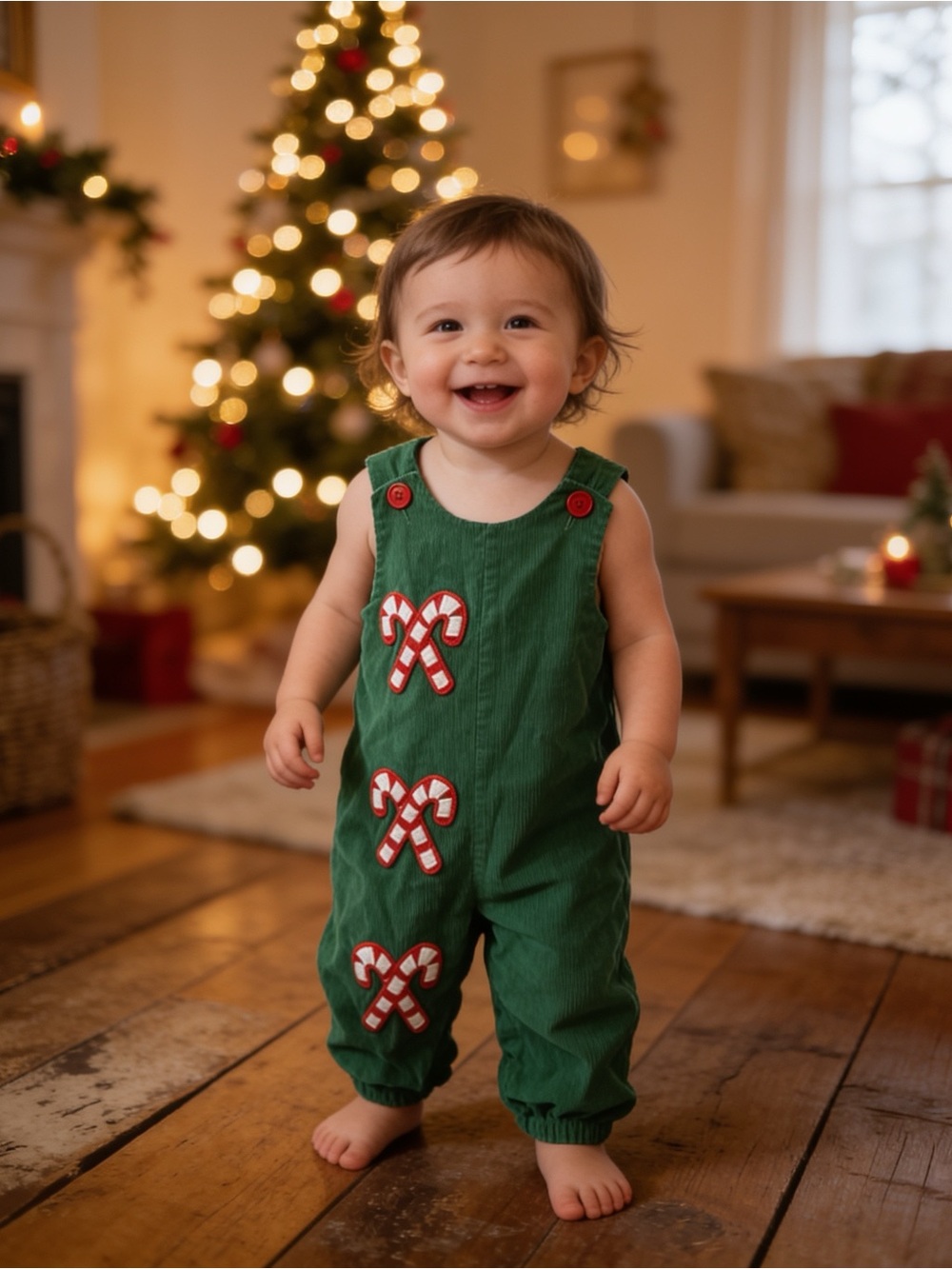 Zuccini Kids 24 Month Green Xmas Candy Cane Appliqué Kids Corduroy Romper